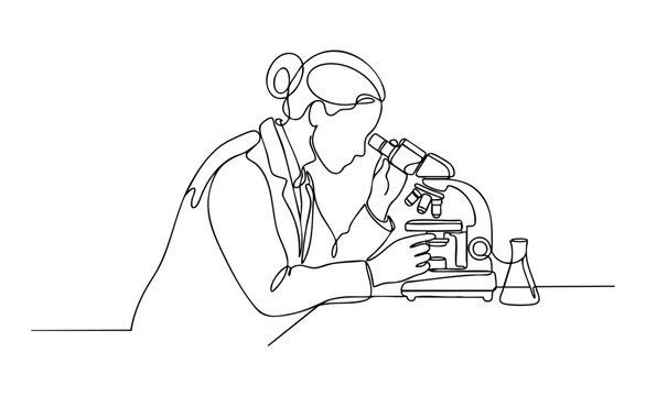Line drawing of a female scientist in lab coat looking through a microscope