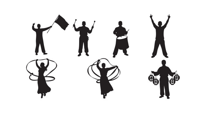 Set of six silhouettes performing in a parade including flag bearer drummer ribbon dancers and lantern holders.