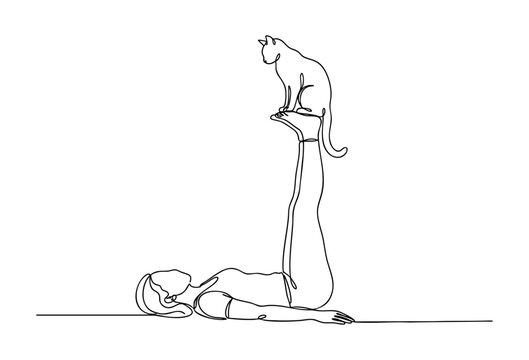 One line art of a cat balancing on  woman's raised feet