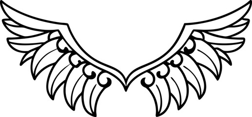 Obraz premium Stylized symmetrical wings vector illustration with intricate feather details, line art tattoo design