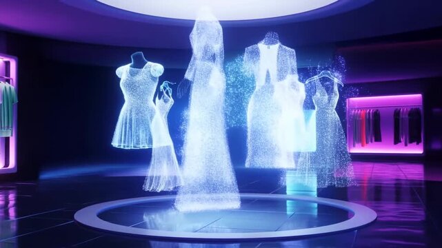 Tracking shot of holographic mannequins materializing and rotating while floating above circular platform inside futuristic boutique with neon purple and blue lighting