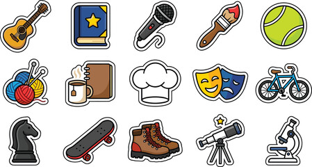 Creative Hobbies Activities and Leisure Icon Sticker Set with Guitar Book Microphone Paintbrush Tennis Ball Knitting Cooking Drama Bike Chess Skateboard Hiking Telescope Microscope © Md Shujan islam