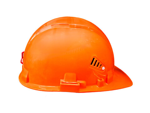 Hard hat designed for construction and engineering. Bright orange color provides visibility. Commonly used by workers for safety during various tasks at job sites.
