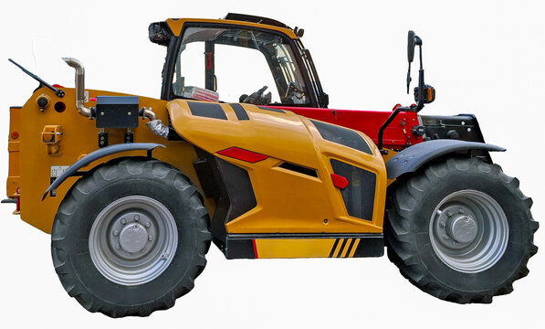 Modern yellow and red telescopic handler with off road tires viewed from the side against a white background