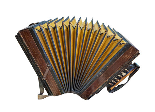 This vintage retro accordion shows detailed keys and bellows. It sits isolated, ready to inspire musicians and fans of traditional music styles.