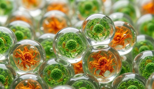 Cluster of transparent green and orange biological cells with visible nuclei 3D render