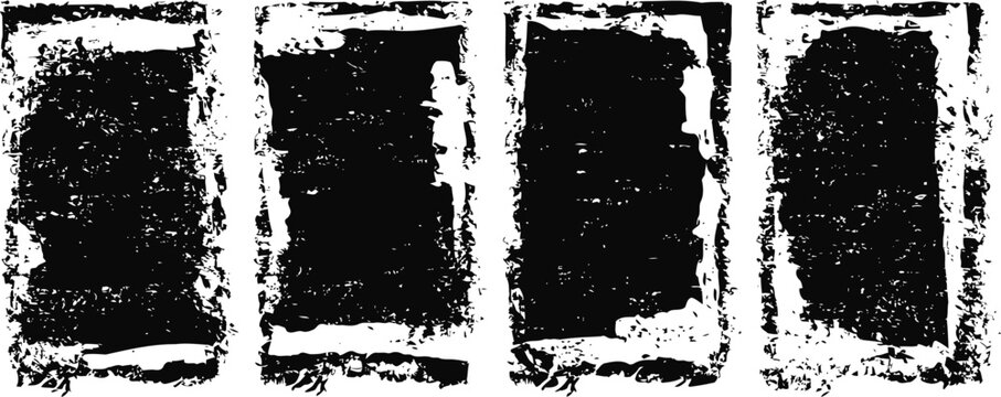four vertical grunge textured black rectangles with distressed white borders on a white background