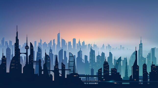 Futuristic City Skyline Silhouette At Dawn Modern Urban Architecture