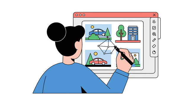 Female Graphic Designer Working on Digital Photo Editing and Illustration Software with Stylus, Creative Workspace Concept Vector Illustration