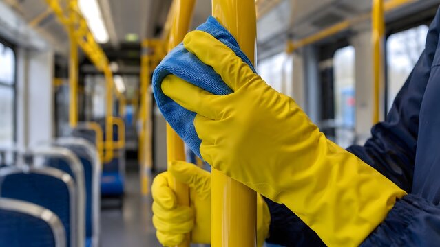 Worker disinfecting public bus handrail with yellow gloves and blue cloth showing hygiene cleaning sanitation service public transport safety maintenance and virus prevention in modern transit interio