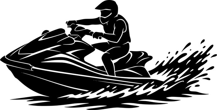 black and white silhouette of a jet ski vector on a white background
