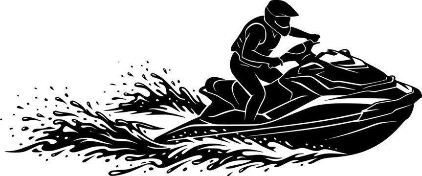 black and white silhouette of a jet ski vector on a white background
