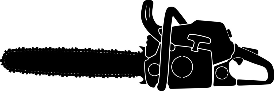 black and white silhouette of a chainsaw machine on a white background
