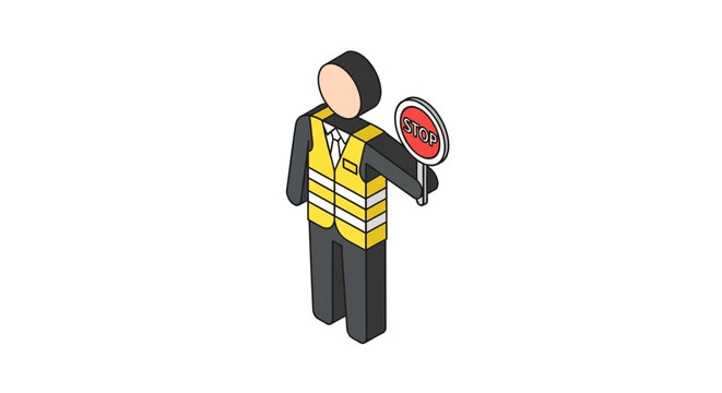 Illustrated traffic officer holding stop sign figure.