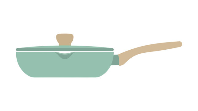 Light teal frying pan with a wooden handle and lid on a black background