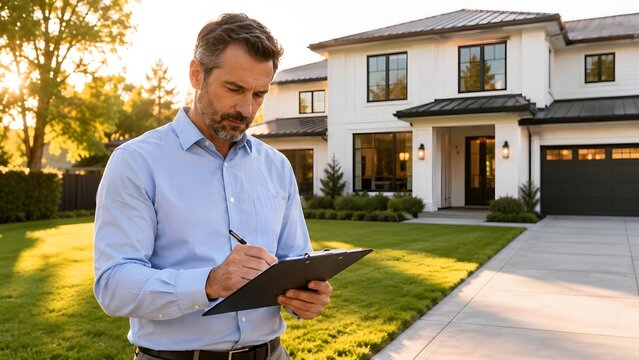 Real estate agent using digital tablet outside luxury modern house at sunset reviewing property inspection details home appraisal investment planning and professional housing market consultation backg