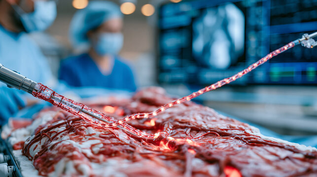 Close up of soft robotic catheter guidance system threaded through anatomical model in interventional radiology suite, radiologist and scrub nurse reviewing fluoroscopy screen as flexible micro actu