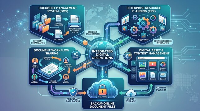 Integrated digital operations concept with document management, erp, and content management on a blue background with various icons and graphics