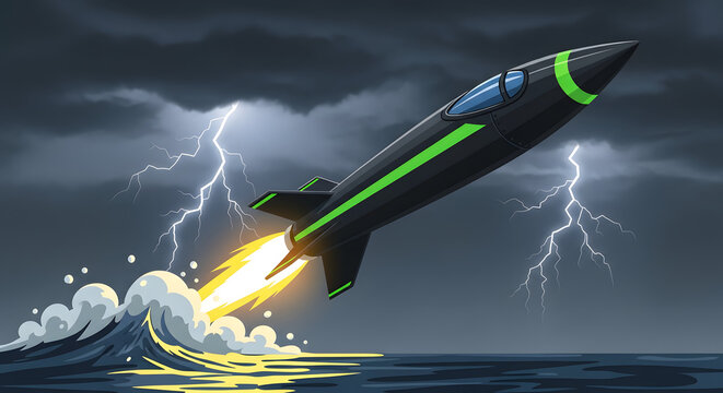 Black rocket launches over stormy ocean with lightning strikes in sky