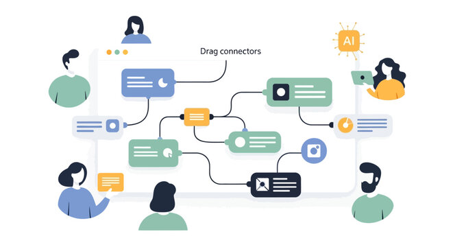Flat Vector Illustration of Team Collaborating on AI-Powered Logic Workflow and Data Flowchart Interface