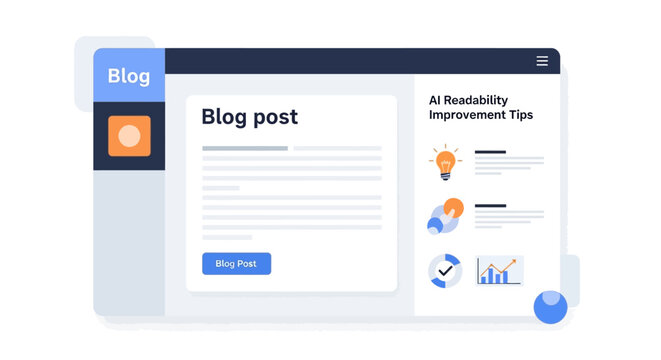 Modern Blog Post Interface Design with AI Readability Tips, Content Management Dashboard and Data Analytics Flat Vector Illustration