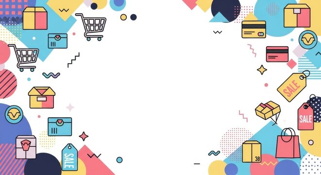 Abstract border for e-commerce with shopping icons and sale tags.