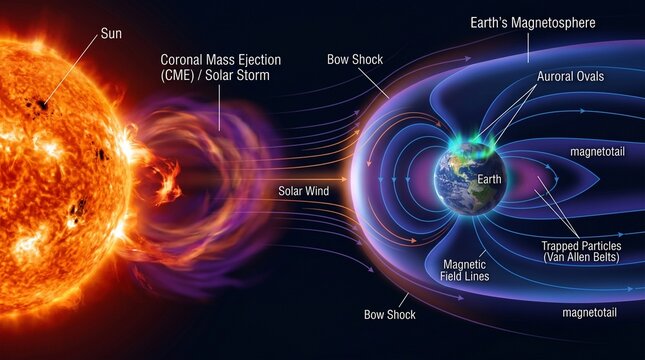 The suns coronal mass ejection and its interaction with earths magnetosphere and magnetic field lines in space