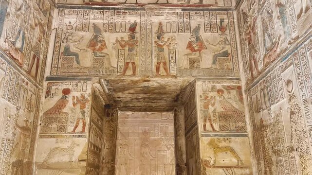 Beautiful bas-reliefs and ancient hieroglyphs from the Dendera Temple Complex, Qena, Egypt.