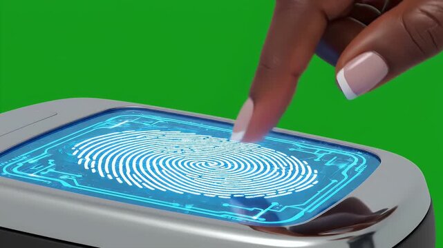 Digital Fingerprint Scanning on Green Screen - A close-up video of a fingertip pressing on a digital fingerprint scanner, set against a vibrant green chroma key background.