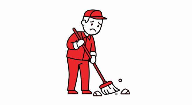 Cartoon worker sweeping rocks with sad expression outdoors.