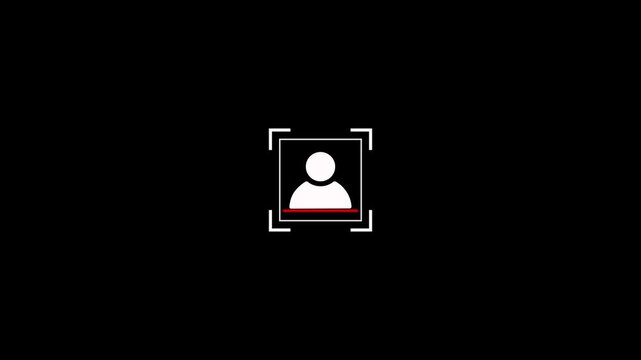 Modern face recognition within a scan frame icon with user profile silhouette on black background. Biometric identification system with futuristic face detection and people identification scanning