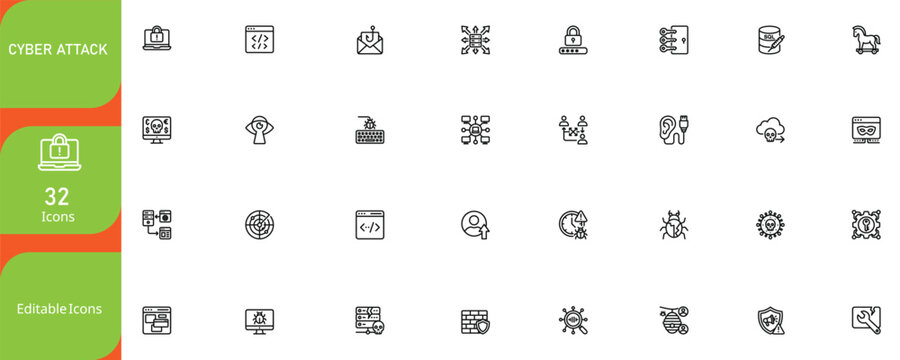 Cyber attack editable icons set