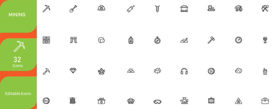 Mining industry icon set 32 editable vector graphics for resources and extraction