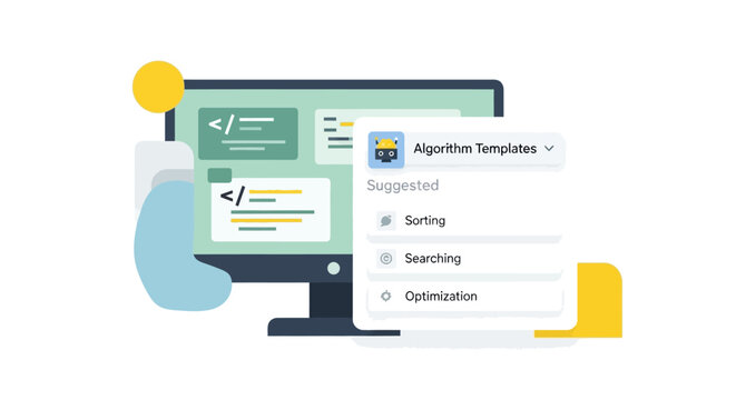 AI Assisted Software Development Illustration showing Algorithm Templates and Code Optimization on Monitor
