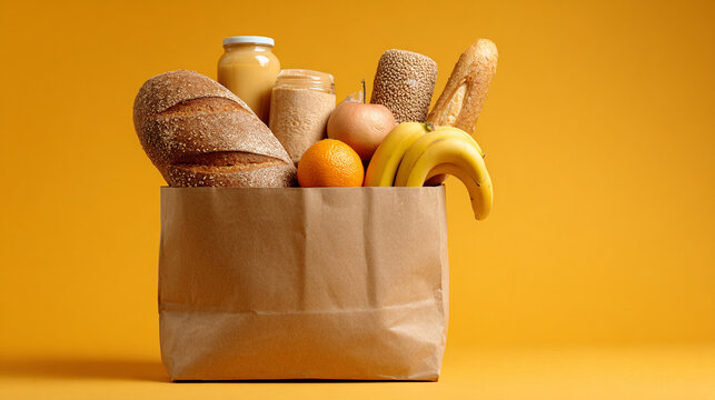 Grocery Paper Bag with Healthy Food Items Bread Fruit and Jars on Vibrant Yellow Background.
