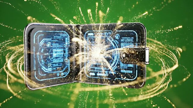 Digital Wallet with Exploding Light Particles - A digital wallet interface is shown opening with vibrant blue and gold light particles exploding outward.