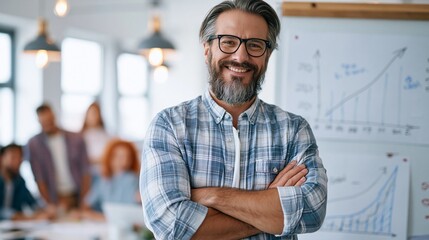 Obraz premium Business owner in sharp focus stands confidently by a whiteboard with clear growth charts while blurred colleagues collaborate in a bright openplan office bathed in soft natural