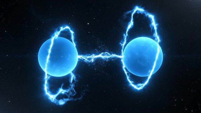 Two glowing blue spheres connected by energy highlighting geometric patterns and contemporary art