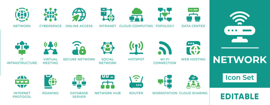 Network, Cloud Computing, IT Infrastructure and Database Vector Icon Set