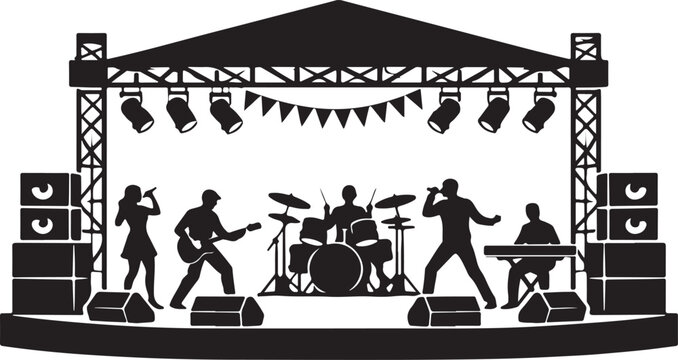 silhouette of a festival stage with performers and a drum set