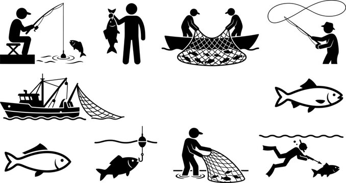 People fishing with rods and nets from boats and shore, alongside a fishing trawler and various fish species, depicting diverse fishing activities.