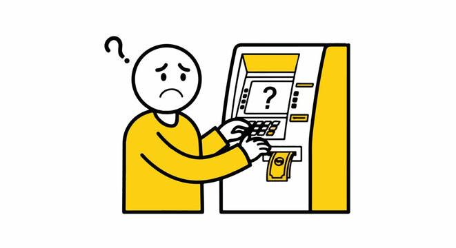Confused person using malfunctioning ATM machine illustration.