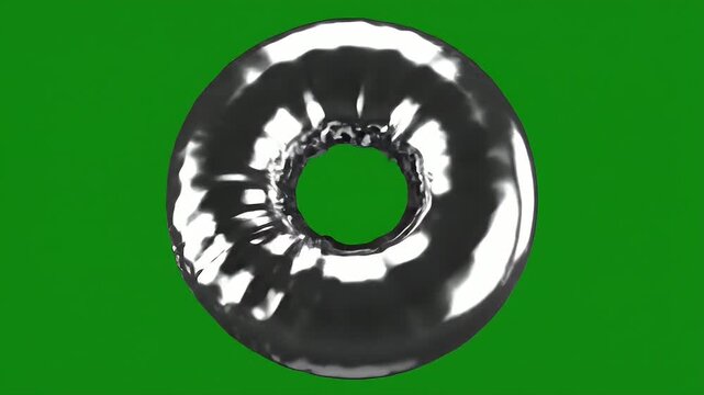Fluid Metallic Torus on Green Screen - A shiny metallic torus shape floats dynamically in front of a chroma key green screen backdrop.