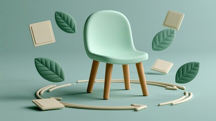 Fototapeta premium Mint green chair with portfolio cards and leaves representing sustainable career growth