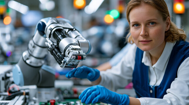 Collaborative robot arm pauses mid task as proximity sensor detects human hand reaching into shared workspace on electronics assembly line, automatic safety halt protecting female technician as over