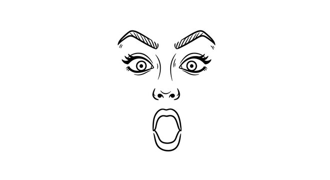 Comic style line art of a face showing an amazed expression with amazement surprise expression reaction illustration background character astonished startled speechless dramatic