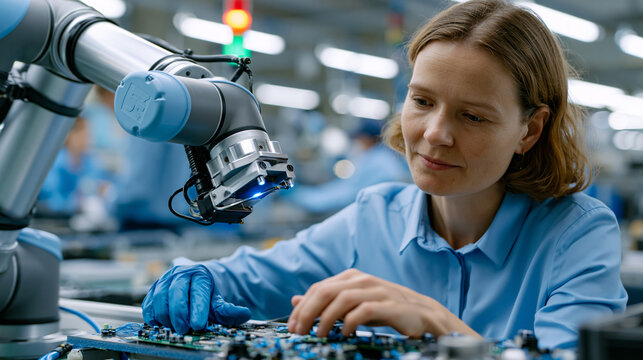 Collaborative robot arm pauses mid task as proximity sensor detects human hand reaching into shared workspace on electronics assembly line, automatic safety halt protecting female technician as over