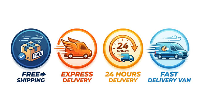 Set of four circular icons depicting shipping and delivery services including free shipping, express delivery, 24 hours delivery, and fast delivery van with motion graphics