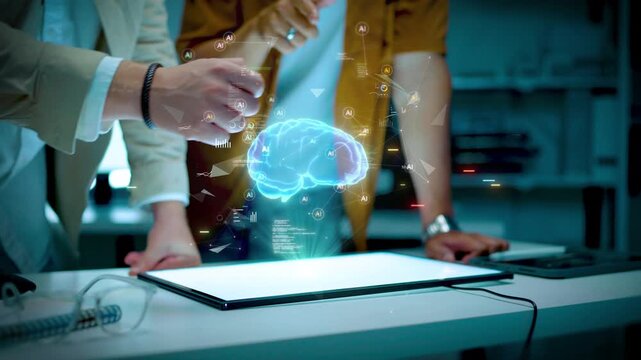 Futuristic AI brain hologram projection above digital tablet with business team collaboration in modern office representing artificial intelligence innovation machine learning and advanced technology
