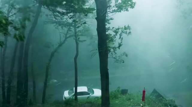 A storm with strong winds is violently battering the trees in a forest.